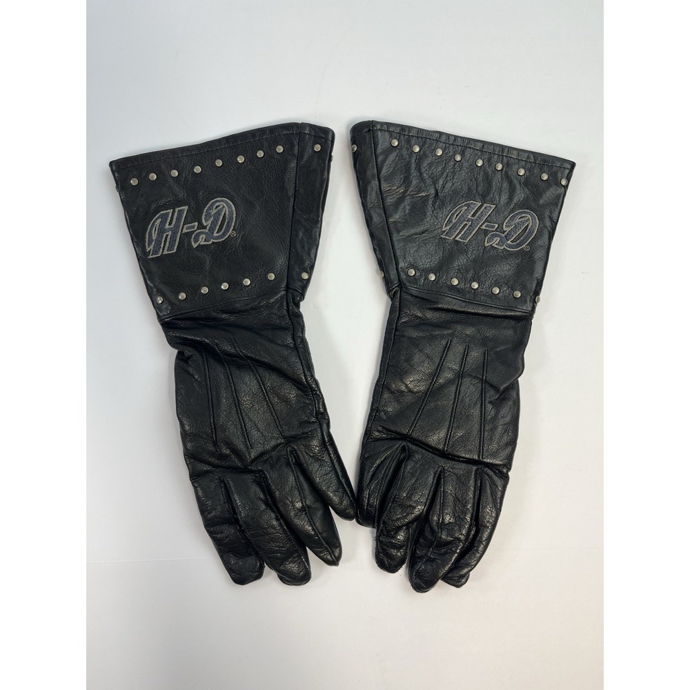Vintage Harley-Davidson Womens Leather Gloves Small Black Rivet Long Gauntlet HD